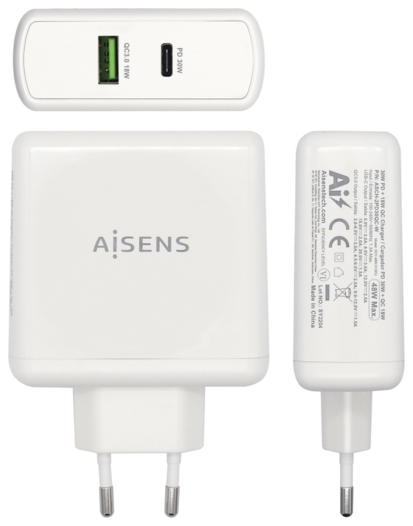 CARGADOR 48W AISENS 1xUSB-C PD3.0 30W 1xUSB-A QC3.0 18W BLANCO - detalle
