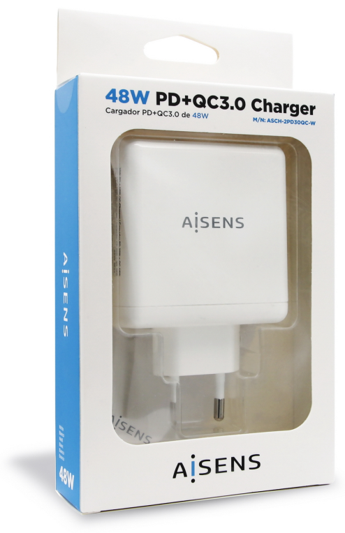 CARGADOR 48W AISENS 1xUSB-C PD3.0 30W 1xUSB-A QC3.0 18W BLANCO - detalle