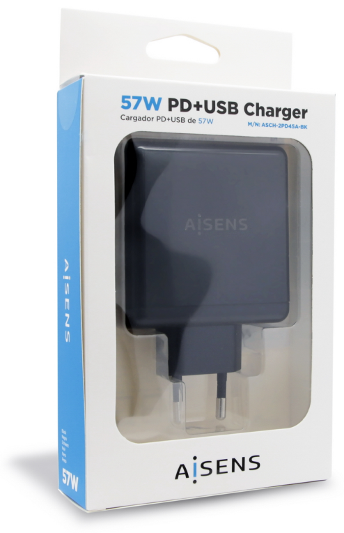 CARGADOR 57W AISENS 1xUSB-C PD3.0 45W 1xUSB-A 5V 2.4A 12W NEGRO - detalle