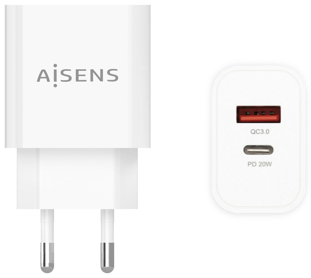 CARGADOR AISENS 20W 1xUSB-C PD3.0 1xUSB-A QC3.0 BLANCO