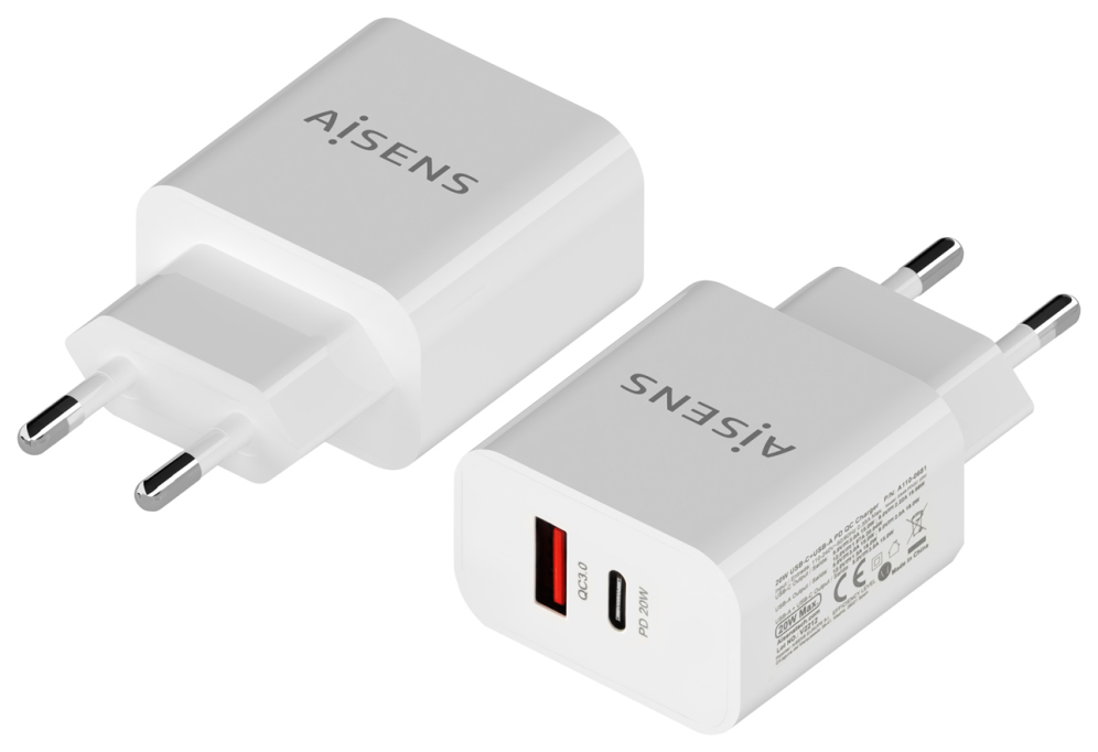 CARGADOR AISENS 20W 1xUSB-C PD3.0 1xUSB-A QC3.0 BLANCO - detalle