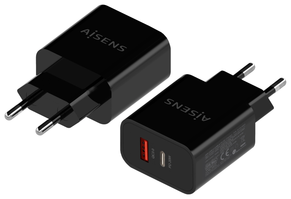 CARGADOR AISENS 20W 1xUSB-C PD3.0 1xUSB-A QC3.0 NEGRO - detalle
