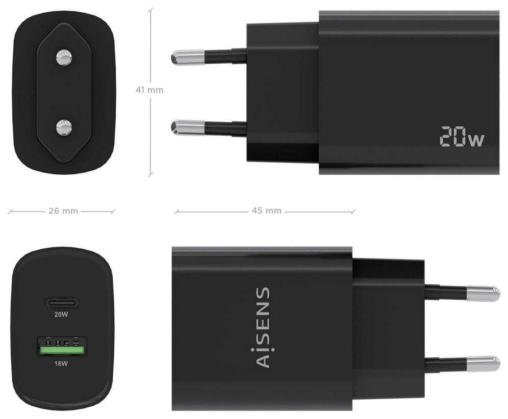 CARGADOR AISENS 20W 1XUSB-C PD3.0 1XUSB-A QC3.0 NEGRO - detalle