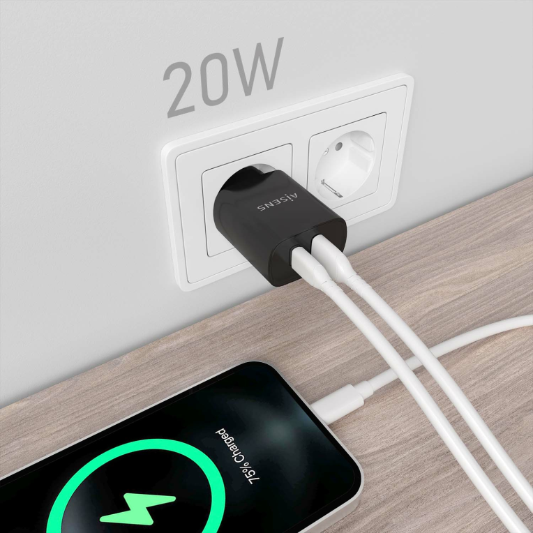 CARGADOR AISENS 20W 1XUSB-C PD3.0 1XUSB-A QC3.0 NEGRO - detalle