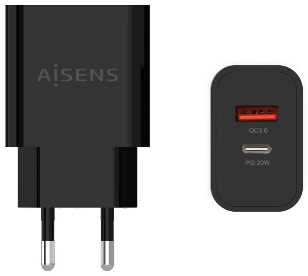 CARGADOR AISENS 20W 1xUSB-C PD3.0 1xUSB-A QC3.0 NEGRO