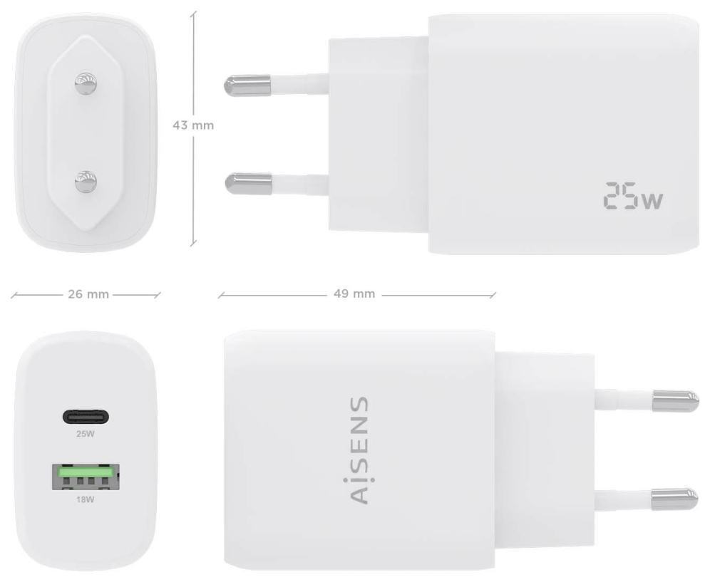 CARGADOR AISENS 25W 1XUSB-C PD3.0 1XUSB-A QC3.0 BLANCO - detalle