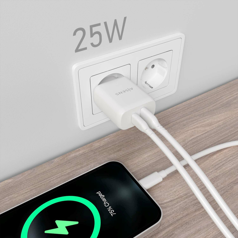 CARGADOR AISENS 25W 1XUSB-C PD3.0 1XUSB-A QC3.0 BLANCO - detalle