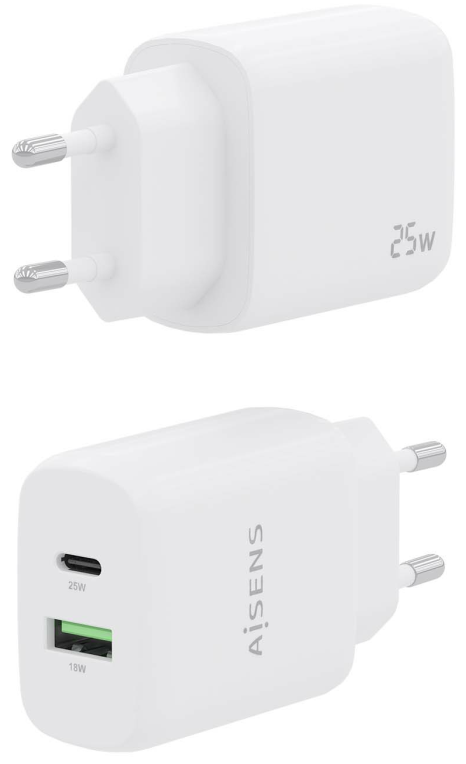 CARGADOR AISENS 25W 1XUSB-C PD3.0 1XUSB-A QC3.0 BLANCO - detalle