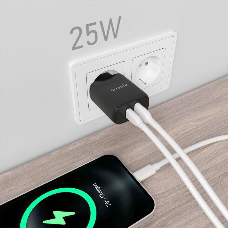 CARGADOR AISENS 25W 1XUSB-C PD3.0 1XUSB-A QC3.0 NEGRO - detalle