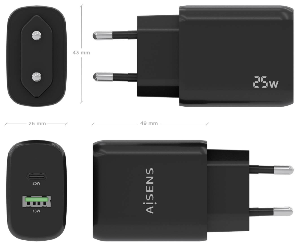 CARGADOR AISENS 25W 1XUSB-C PD3.0 1XUSB-A QC3.0 NEGRO - detalle