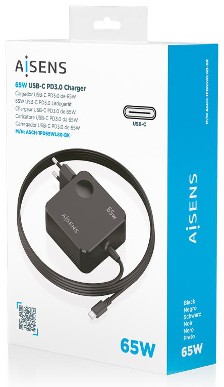 CARGADOR AISENS 65W PD3.0 1XUSB-C 1.5M NEGRO - detalle