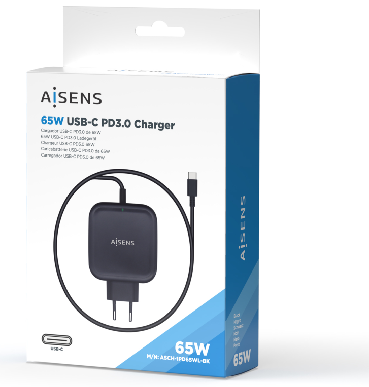 CARGADOR AISENS 65W PD3.0 QC3.0 1XUSB-C 1.2M NEGRO - detalle