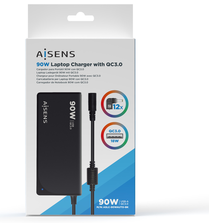 CARGADOR AISENS 90W AUTOMATICO UNI. PORTATIL 12 CONECTORES USB-A QC3.0 NEGRO - detalle