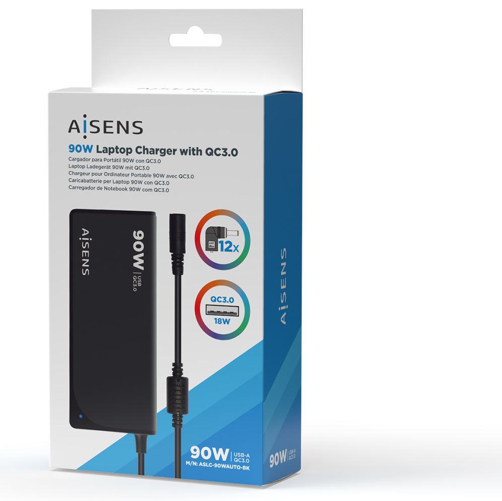 CARGADOR AISENS 90W AUTOMATICO UNI. PORTATIL 12 CONECTORES USB-A QC3.0 NEGRO - detalle