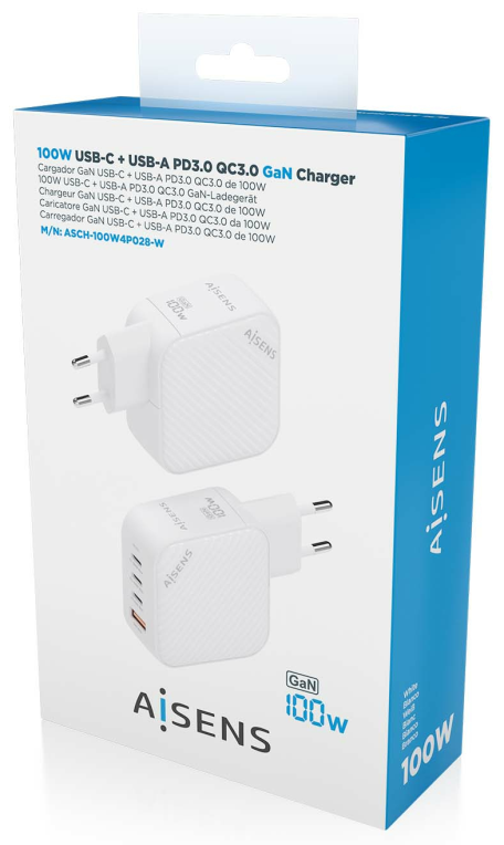 CARGADOR AISENS GAN 100W 3XUSB-C PD3.0 QC4.0 1XUSB-A QC3.0 BLANCO - detalle