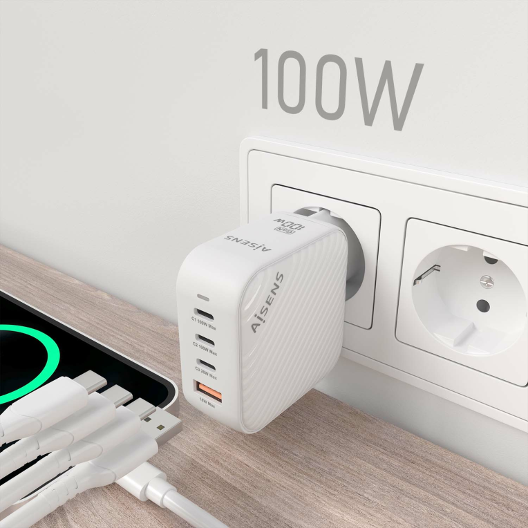 CARGADOR AISENS GAN 100W 3XUSB-C PD3.0 QC4.0 1XUSB-A QC3.0 BLANCO - detalle