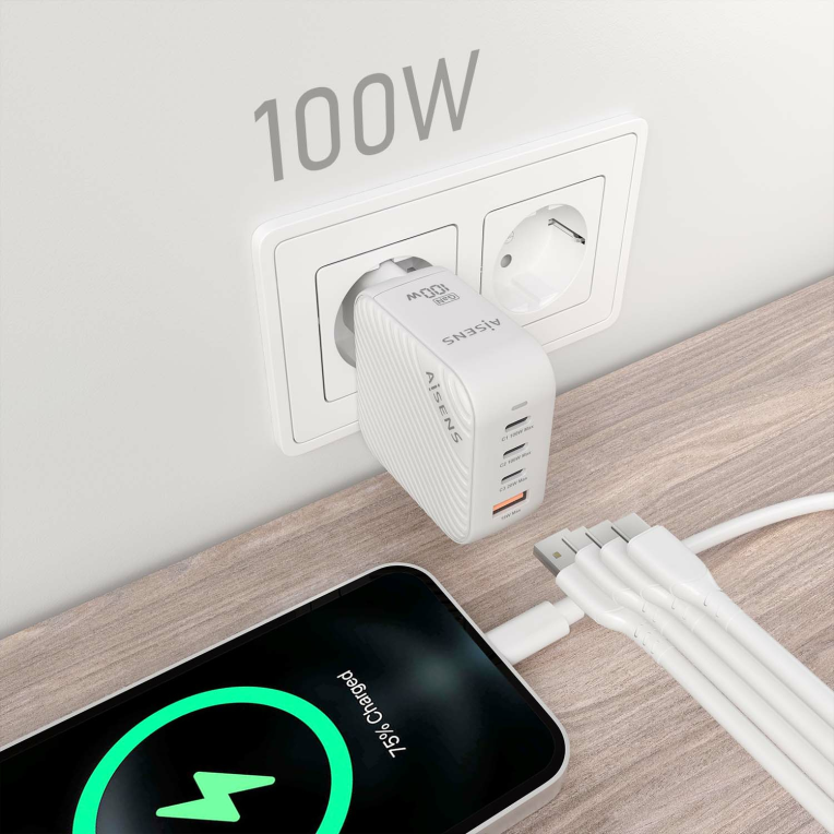 CARGADOR AISENS GAN 100W 3XUSB-C PD3.0 QC4.0 1XUSB-A QC3.0 BLANCO - detalle