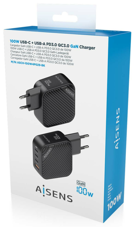 CARGADOR AISENS GAN 100W 3XUSB-C PD3.0 QC4.0 1XUSB-A QC3.0 NEGRO - detalle
