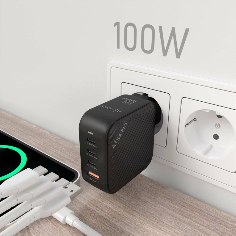 CARGADOR AISENS GAN 100W 3XUSB-C PD3.0 QC4.0 1XUSB-A QC3.0 NEGRO - detalle