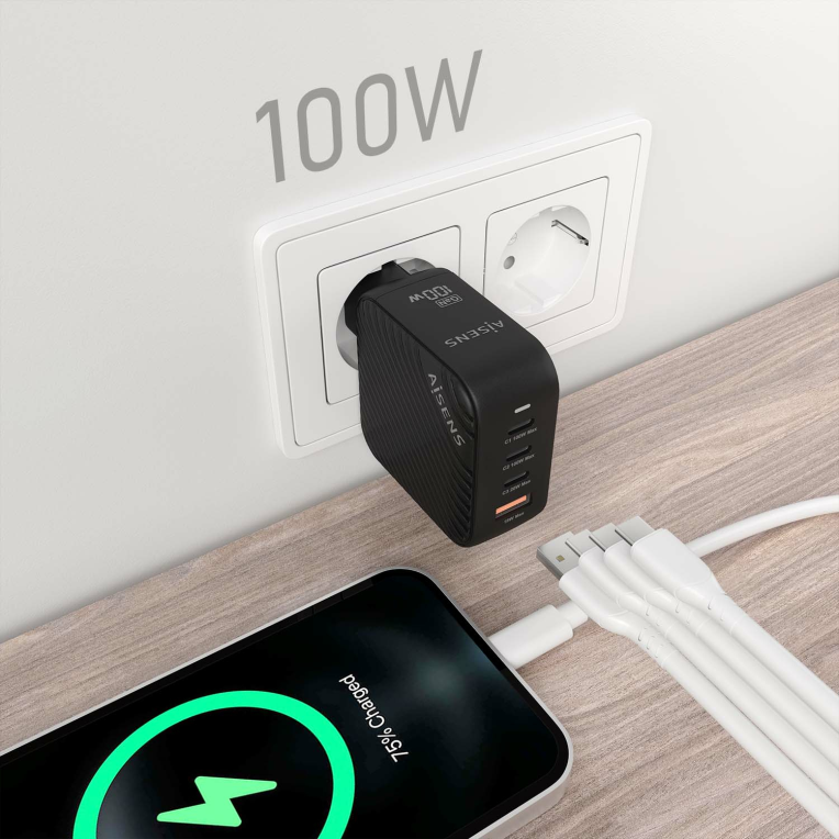CARGADOR AISENS GAN 100W 3XUSB-C PD3.0 QC4.0 1XUSB-A QC3.0 NEGRO - detalle