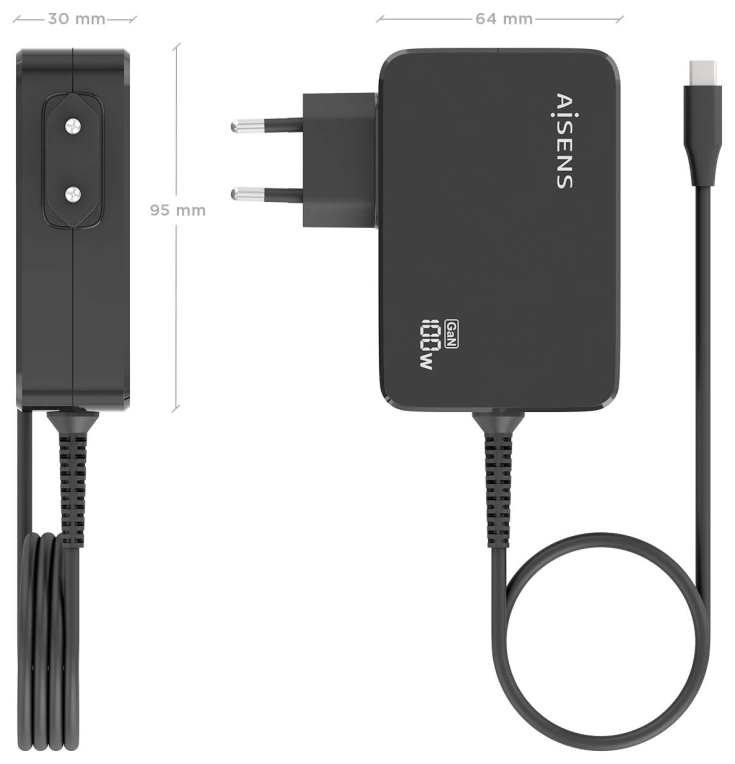 CARGADOR AISENS GAN 100W PD3.0 1XUSB-C 1.8M NEGRO - detalle