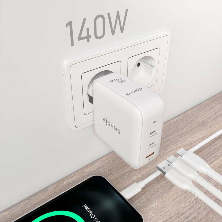 CARGADOR AISENS GAN 140W 2XUSB-C PD3.1 QC4.0 1XUSB-A QC3.0 BLANCO - detalle