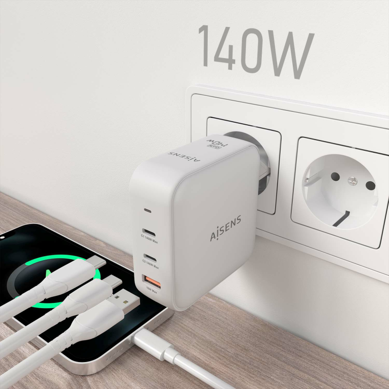 CARGADOR AISENS GAN 140W 2XUSB-C PD3.1 QC4.0 1XUSB-A QC3.0 BLANCO - detalle