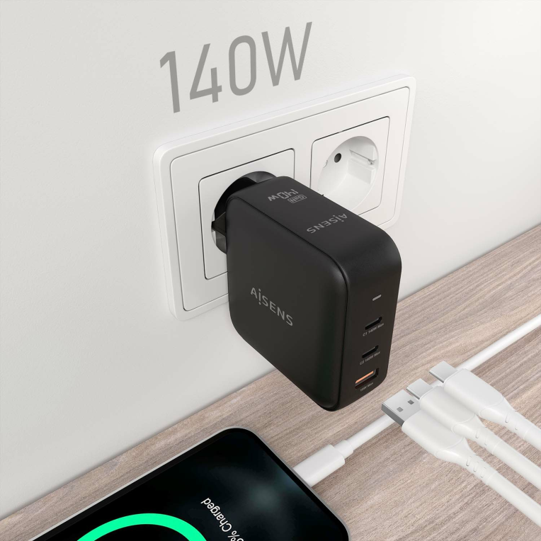 CARGADOR AISENS GAN 140W 2XUSB-C PD3.1 QC4.0 1XUSB-A QC3.0 NEGRO - detalle