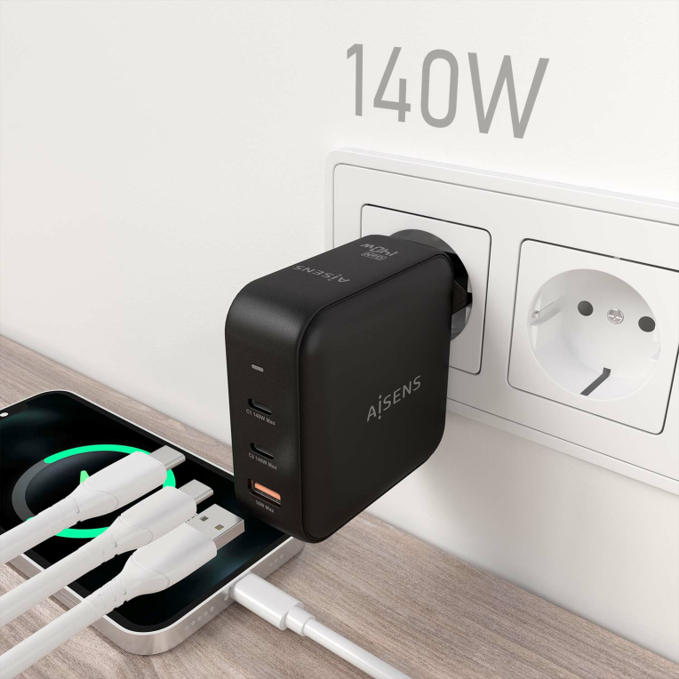 CARGADOR AISENS GAN 140W 2XUSB-C PD3.1 QC4.0 1XUSB-A QC3.0 NEGRO - detalle
