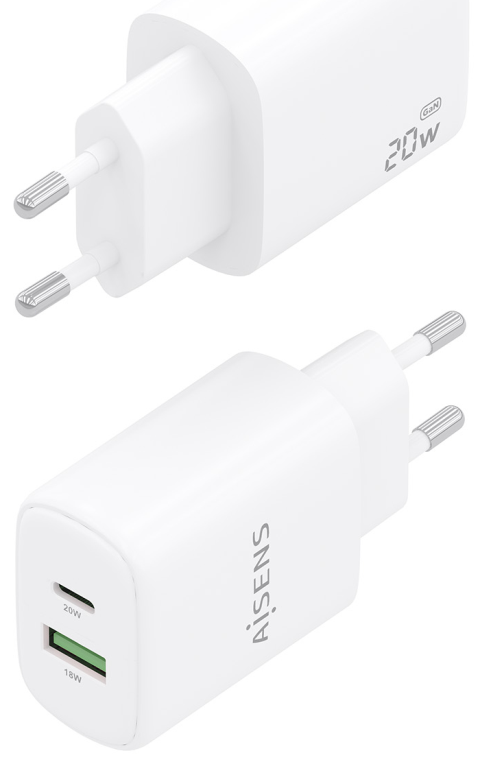 CARGADOR AISENS GAN 20W, 1XUSB-C PD3.0, 1XUSB-A QC3.0, BLANCO - detalle