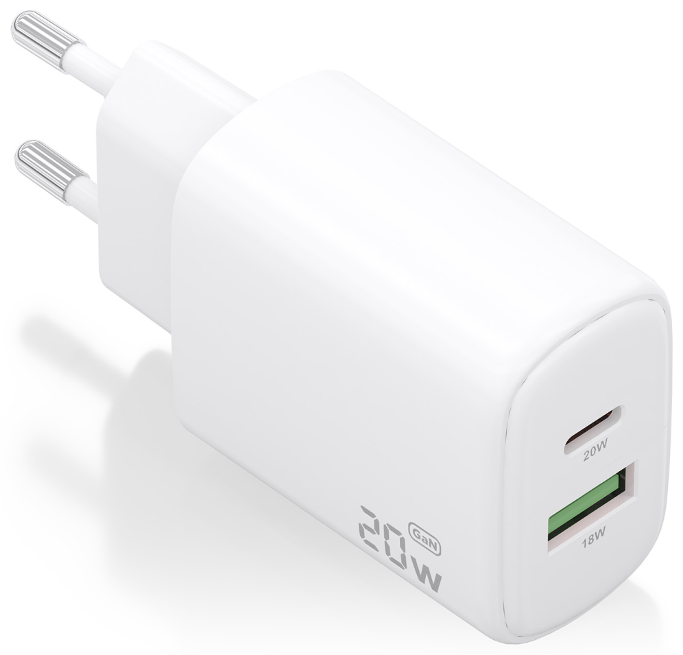 CARGADOR AISENS GAN 20W, 1XUSB-C PD3.0, 1XUSB-A QC3.0, BLANCO
