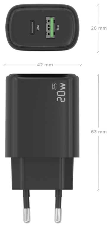 CARGADOR AISENS GAN 20W, 1XUSB-C PD3.0, 1XUSB-A QC3.0, NEGRO - detalle