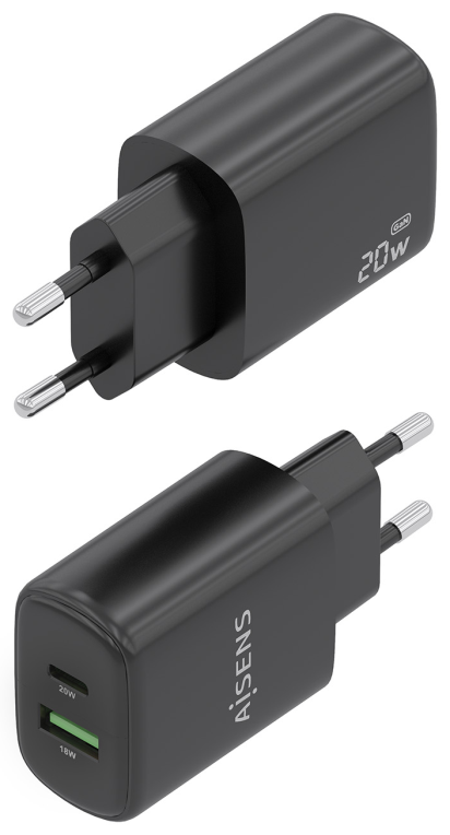 CARGADOR AISENS GAN 20W, 1XUSB-C PD3.0, 1XUSB-A QC3.0, NEGRO - detalle