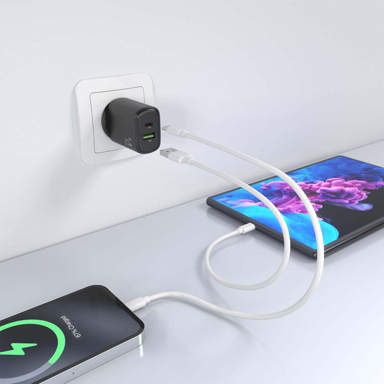 CARGADOR AISENS GAN 20W, 1XUSB-C PD3.0, 1XUSB-A QC3.0, NEGRO - detalle