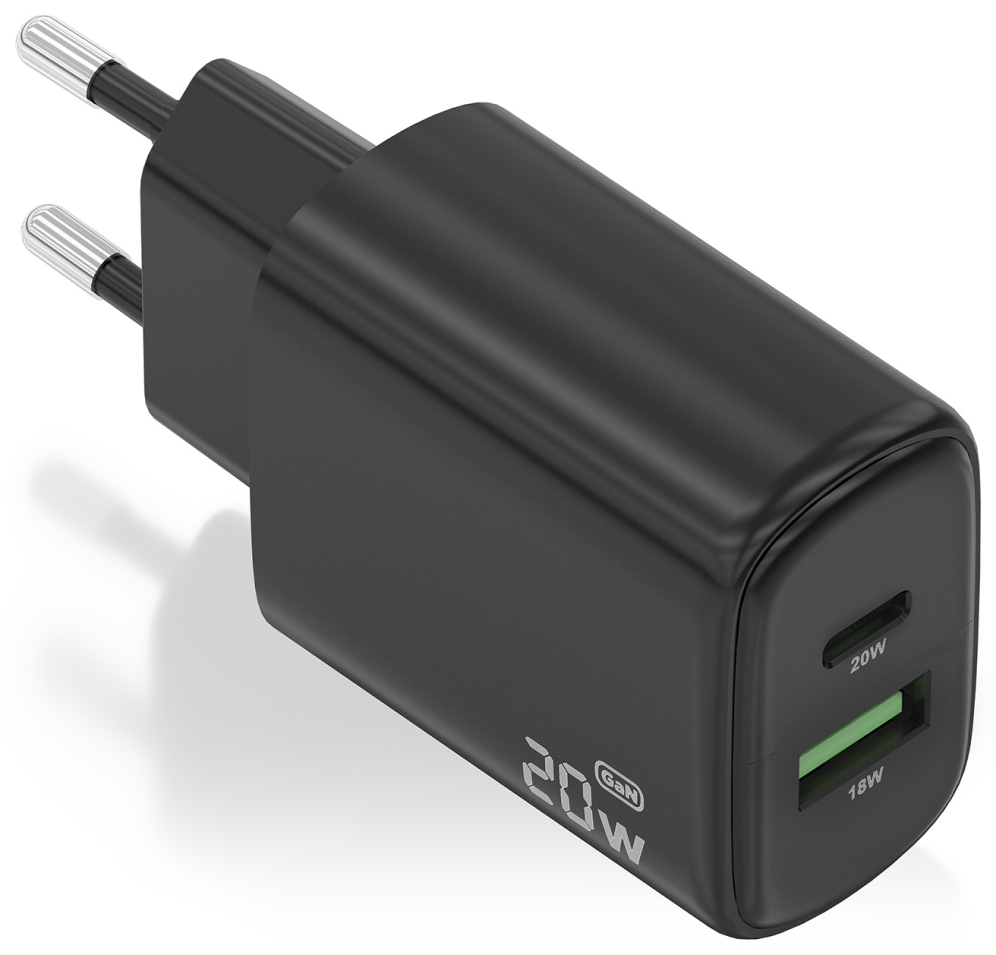 CARGADOR AISENS GAN 20W, 1XUSB-C PD3.0, 1XUSB-A QC3.0, NEGRO