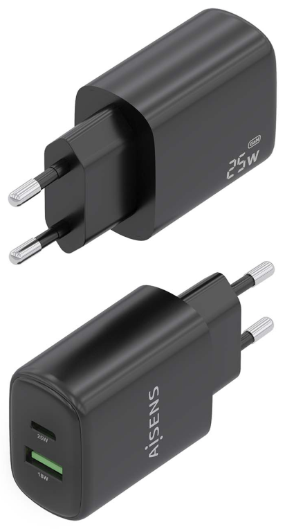 CARGADOR AISENS GAN 25W, 1XUSB-C PD3.0, 1XUSB-A QC3.0, NEGRO - detalle
