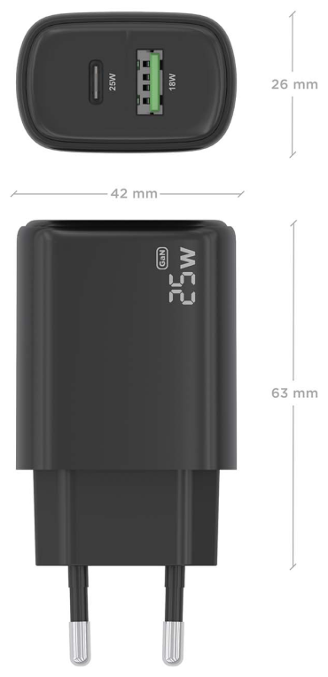 CARGADOR AISENS GAN 25W, 1XUSB-C PD3.0, 1XUSB-A QC3.0, NEGRO - detalle