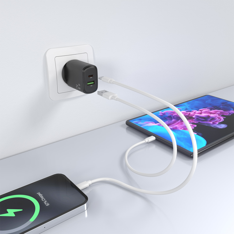 CARGADOR AISENS GAN 25W, 1XUSB-C PD3.0, 1XUSB-A QC3.0, NEGRO - detalle