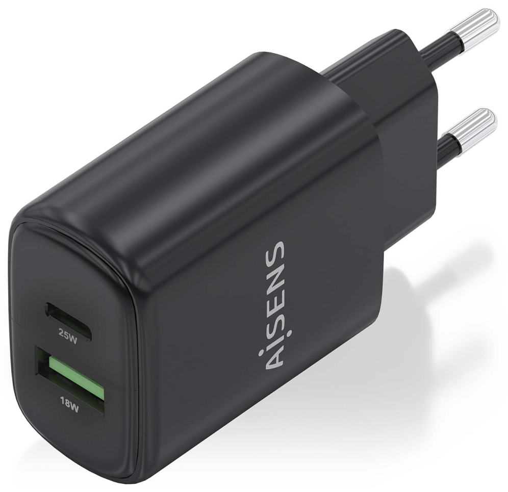 CARGADOR AISENS GAN 25W, 1XUSB-C PD3.0, 1XUSB-A QC3.0, NEGRO - detalle
