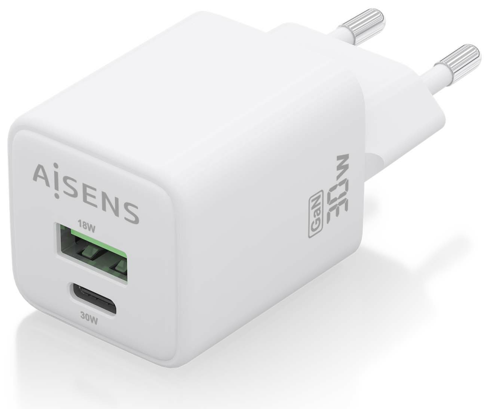 CARGADOR AISENS GAN 30W 1XUSB-C PD3.0 QC4.0 1XUSB-A QC3.0 BLANCO - detalle