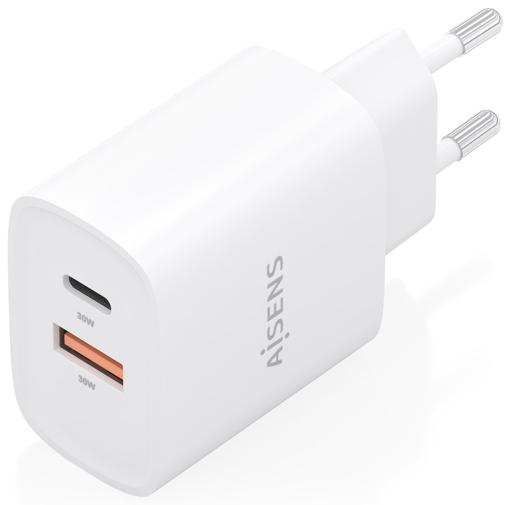 CARGADOR AISENS GAN 30W 1XUSB-C PD3.0 QC4.0 1XUSB-A QC3.0 BLANCO - detalle