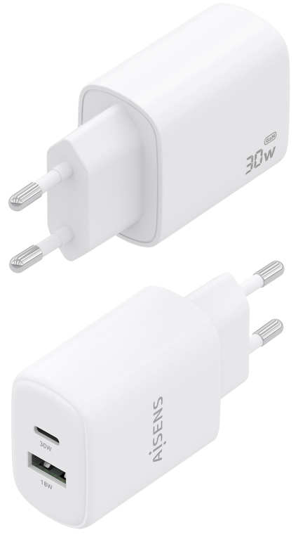 CARGADOR AISENS GAN 30W 1XUSB-C PD3.0 QC4.0 1XUSB-A QC3.0 BLANCO - detalle