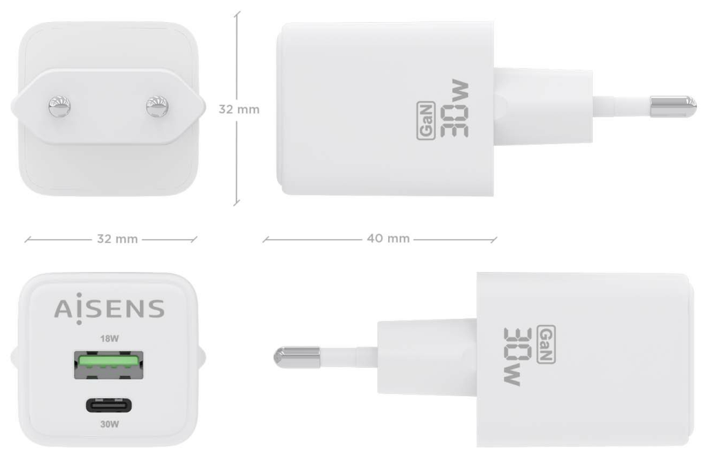 CARGADOR AISENS GAN 30W 1XUSB-C PD3.0 QC4.0 1XUSB-A QC3.0 BLANCO - detalle