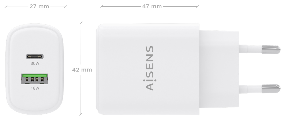 CARGADOR AISENS GAN 30W 1XUSB-C PD3.0 QC4.0 1XUSB-A QC3.0 BLANCO - detalle