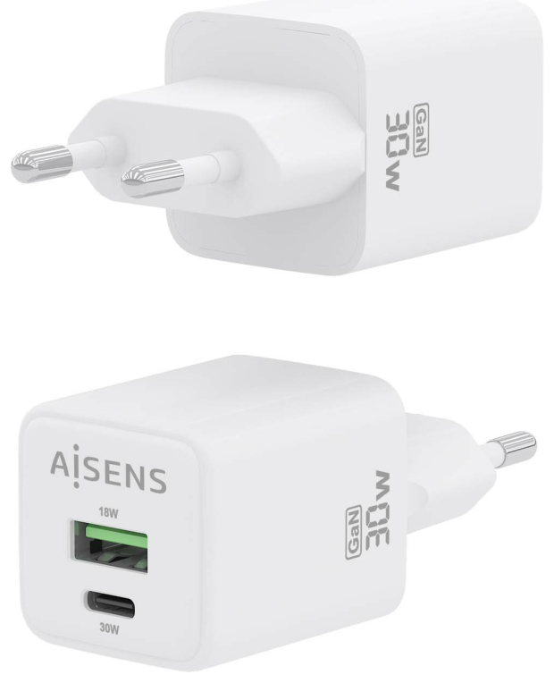 CARGADOR AISENS GAN 30W 1XUSB-C PD3.0 QC4.0 1XUSB-A QC3.0 BLANCO - detalle