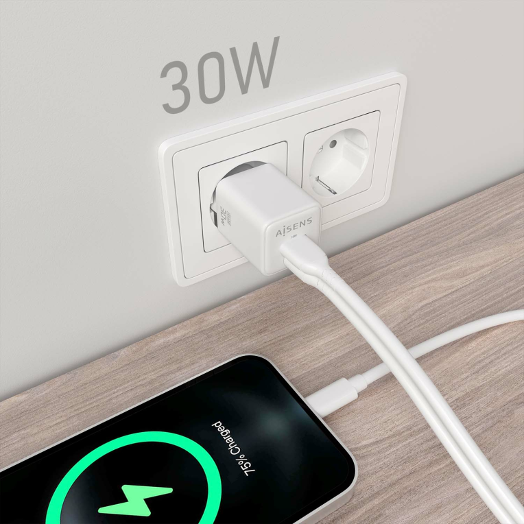 CARGADOR AISENS GAN 30W 1XUSB-C PD3.0 QC4.0 1XUSB-A QC3.0 BLANCO - detalle