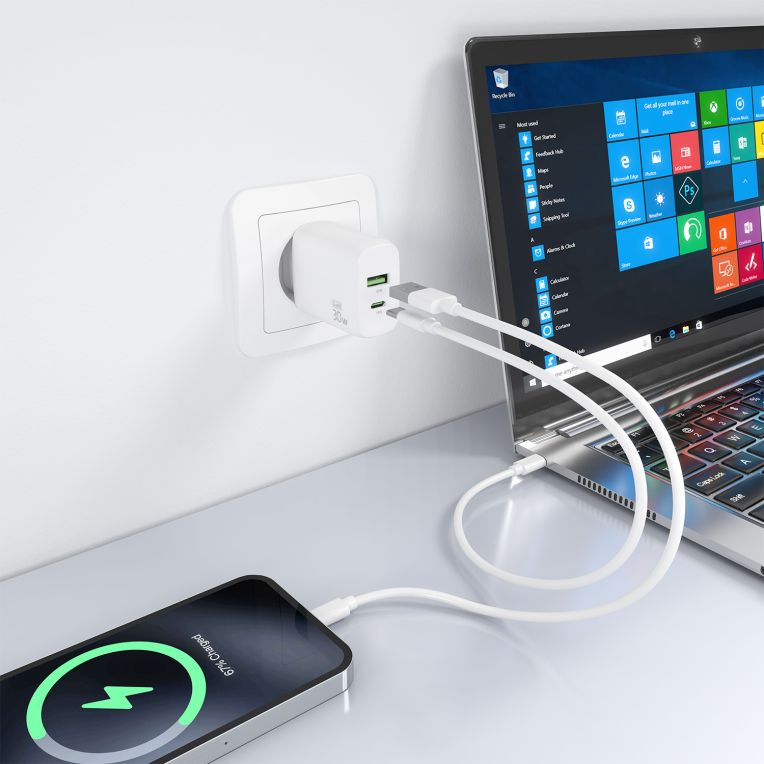 CARGADOR AISENS GAN 30W, 1XUSB-C PD3.0 QC4.0, 1XUSB-A QC3.0, BLANCO - detalle