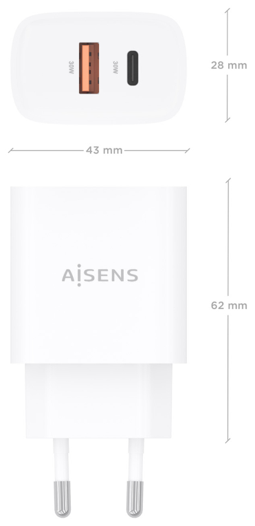 CARGADOR AISENS GAN 30W 1XUSB-C PD3.0 QC4.0 1XUSB-A QC3.0 BLANCO - detalle