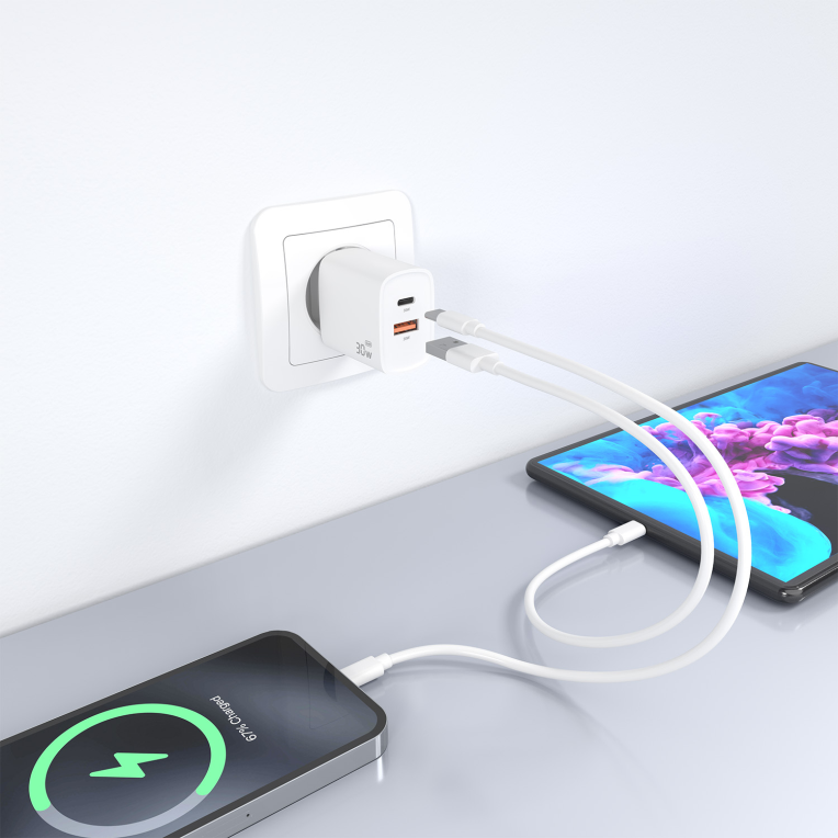 CARGADOR AISENS GAN 30W 1XUSB-C PD3.0 QC4.0 1XUSB-A QC3.0 BLANCO - detalle