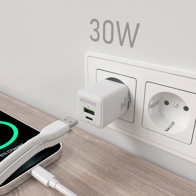 CARGADOR AISENS GAN 30W 1XUSB-C PD3.0 QC4.0 1XUSB-A QC3.0 BLANCO - detalle